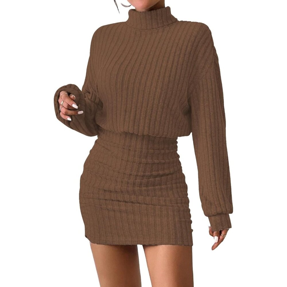 Women Ribbed Knit Sweater Brown Dress Lantern Sleeve Turtleneck Mini Bodycon